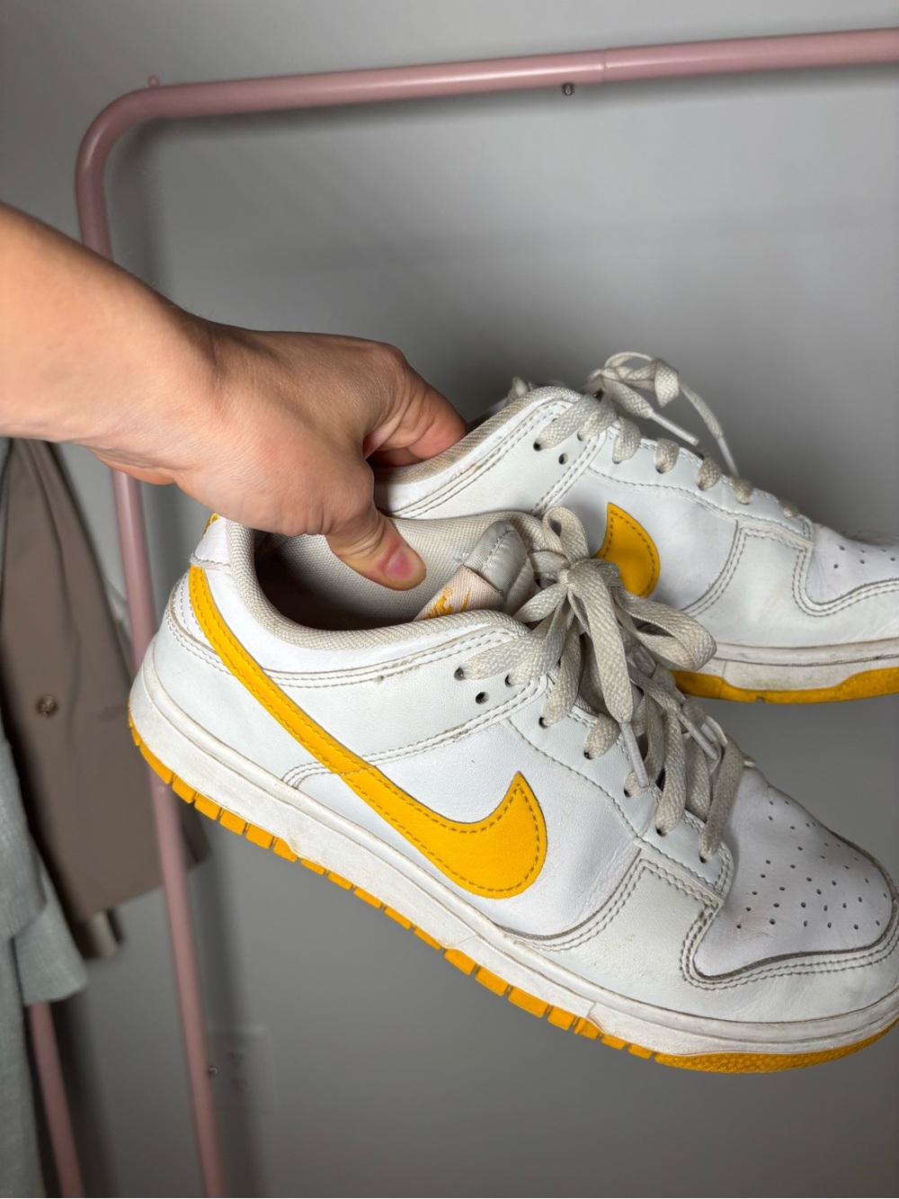 Nike White Sneakers with Yellow Swoosh and Sole
